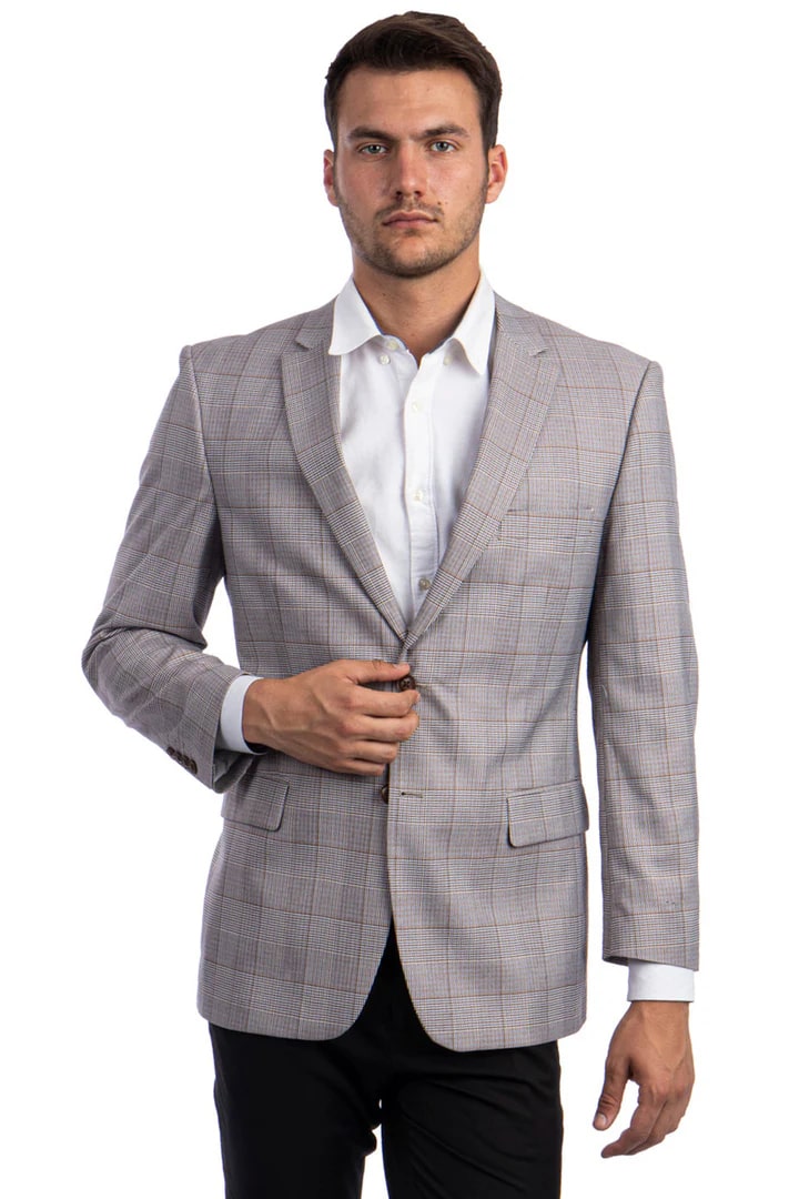 Sacos Vaqueros - Sacos Para Hombre - Men's Two Button Regular Fit Sport Coat In Grey & Bronze Windowpane Plaid