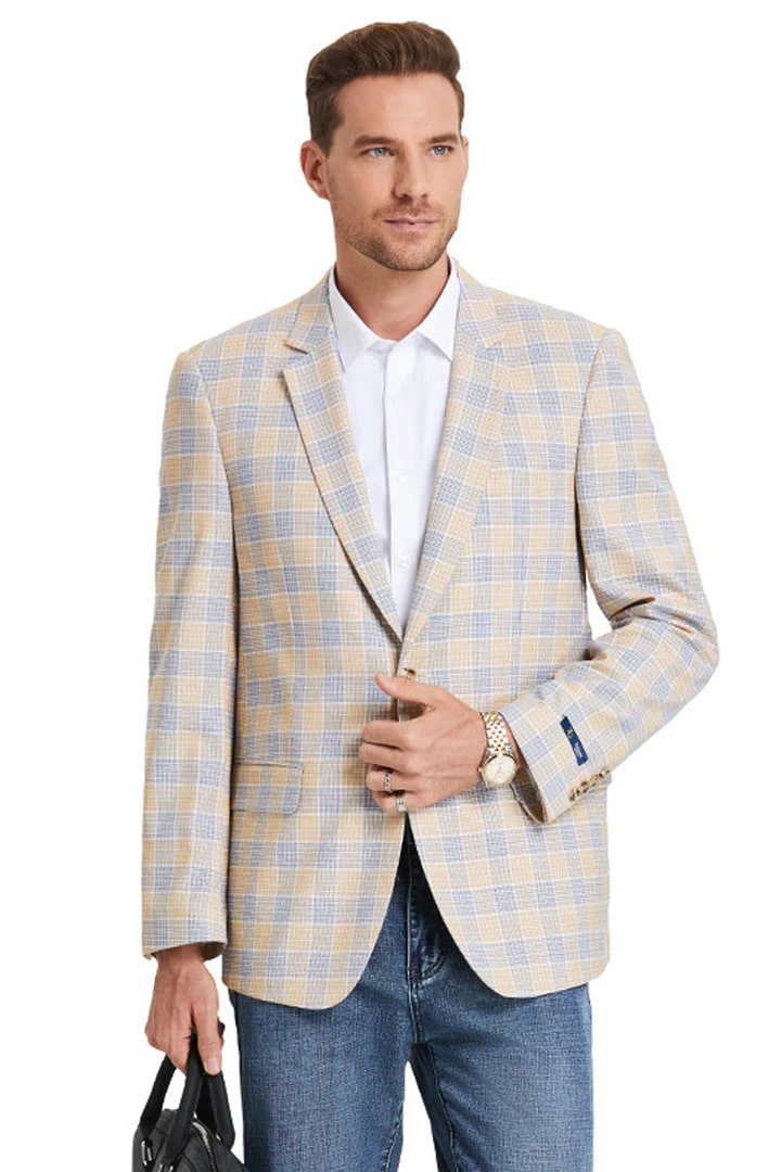 Sacos Vaqueros - Sacos Para Hombre - Men's Two Button Business Casual Glen Plaid Sports Coat In Tan & Blue
