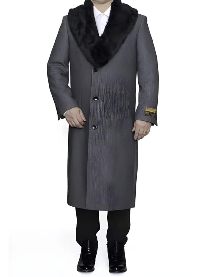 Removable Ankle length Fur Collar Full Length Gray Wool Herringbone ~ Overcoat 1920s 1940s men's Fashion Vintage Style - Mens