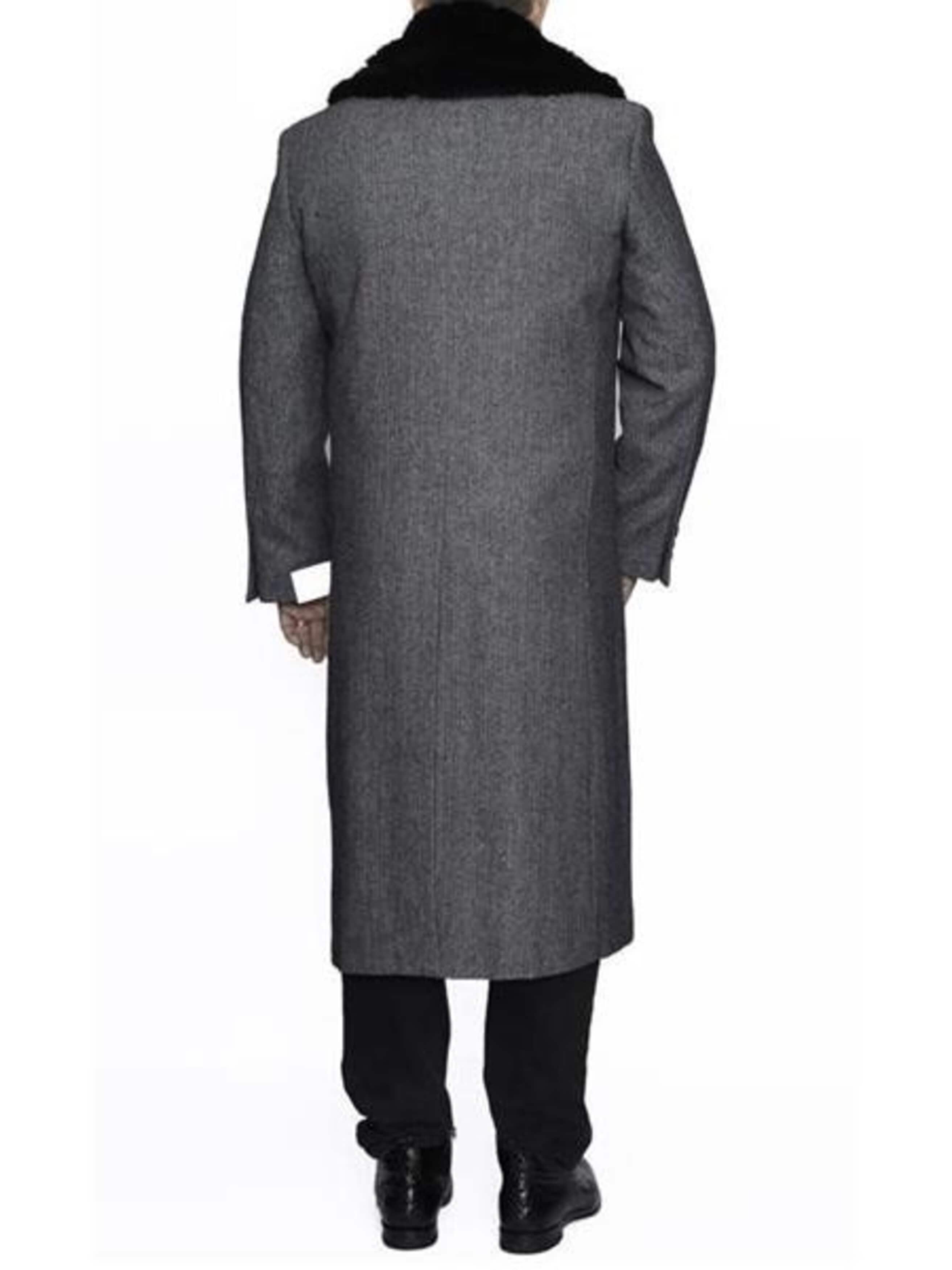 Removable Ankle length Fur Collar Full Length Gray Wool Herringbone ~ Overcoat 1920s 1940s men's Fashion Vintage Style - Mens