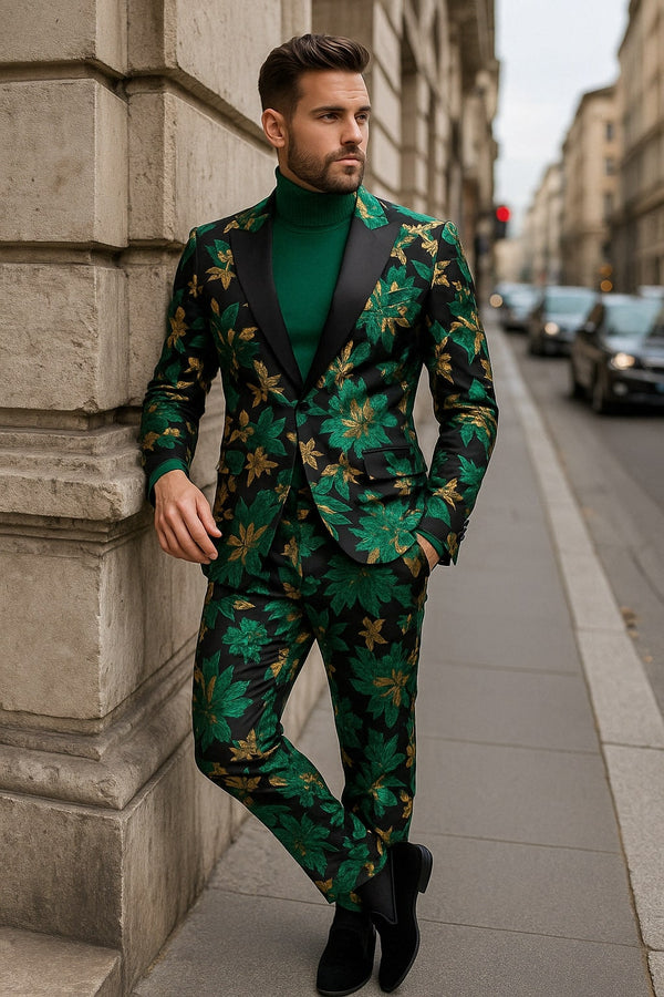 Emerald Green Suit - Men’s Green and Gold Floral Tuxedo Suit – Luxury 2 Piece Slim Fit Outfit for Weddings, Proms, and Special Events