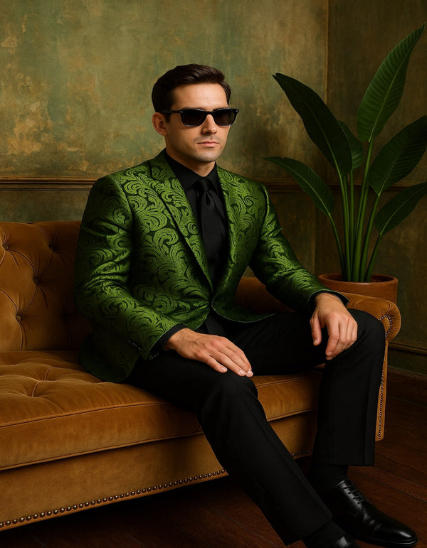 Green Blazer - Men's Green Paisley Tuxedo Blazer – Luxury Slim Fit Dinner Jacket for Formal Events