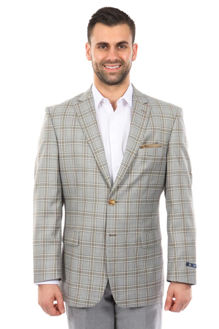 Sacos Vaqueros - Sacos Para Hombre - Men's Two Button Windowpane Plaid Grey Sport Coat