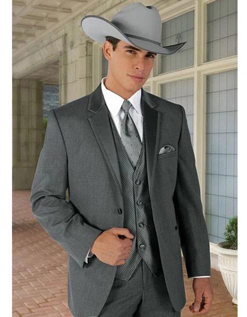 Traje vaquero para hombre - Esmoquin vaquero con ribete de dos botones en traje vaquero gris - Trajes de boda campestres