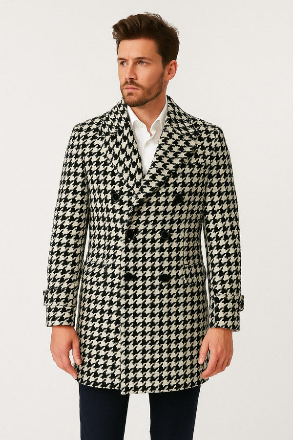 Peacoat - Mens Houndstooth Double-Breasted Wool Peacoat – Black and White Wool  Short Coat Slim Fit