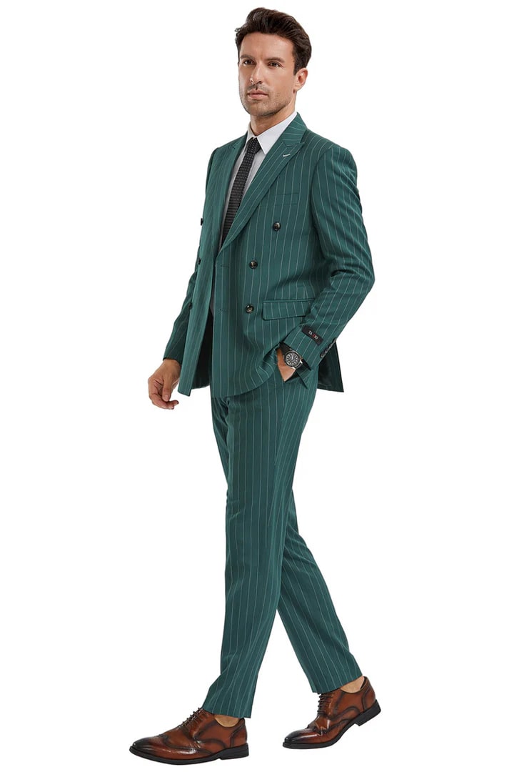 Trajes Elegantes Para Hombre - Trajes De Vestir - Mens Slim Fit Double Breasted Hunter Green Pinstripe Suit