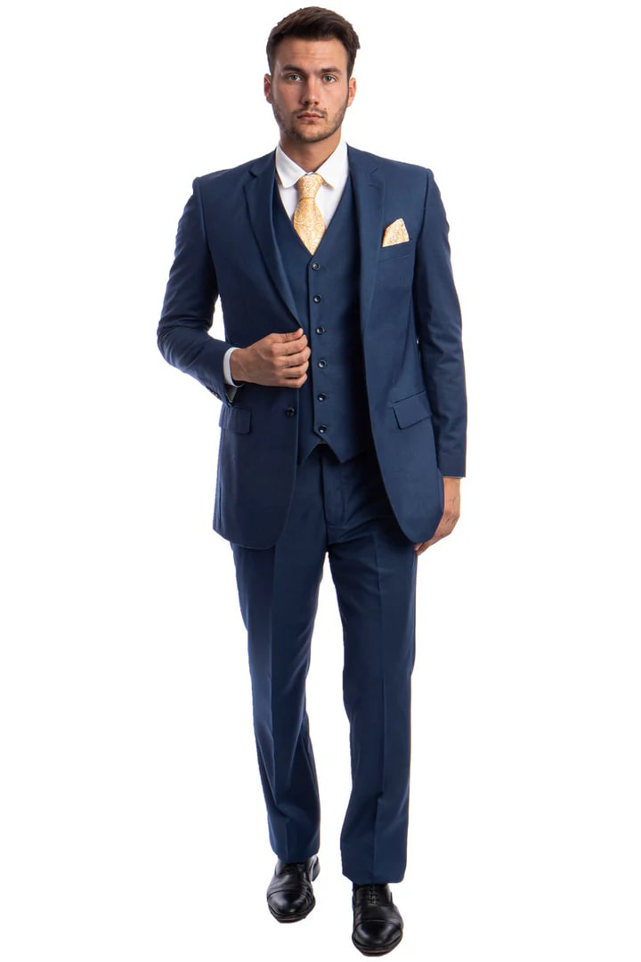 Trajes Elegantes Para Hombre - Trajes De Vestir - Mens Vested Two Button Solid Color Wedding & Indigo Business Suit