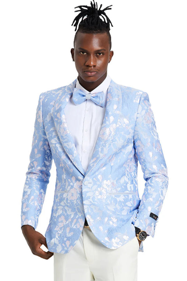 Silver Tuxedo - Men's slim fit sky blue & silver paisley foil print tuxedo dinner jacket for prom & wedding