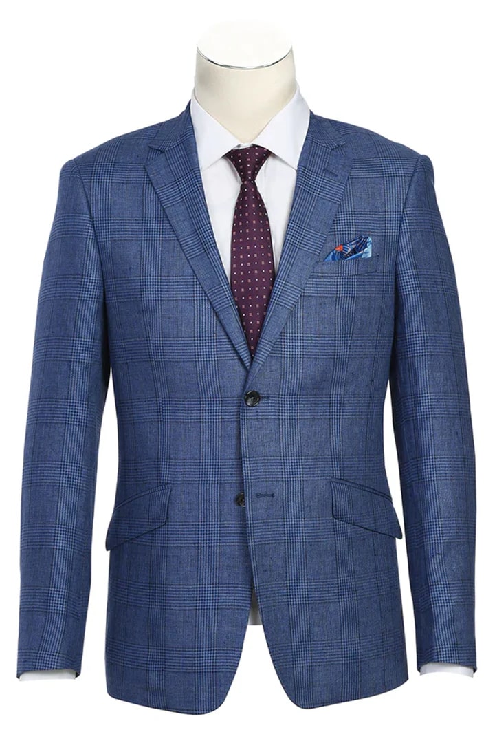 Sacos Vaqueros - Sacos Para Hombre  - Mens Slim Fit Two Button Summer Linen Sport Coat Blazer In Navy Blue Windowpane Plaid