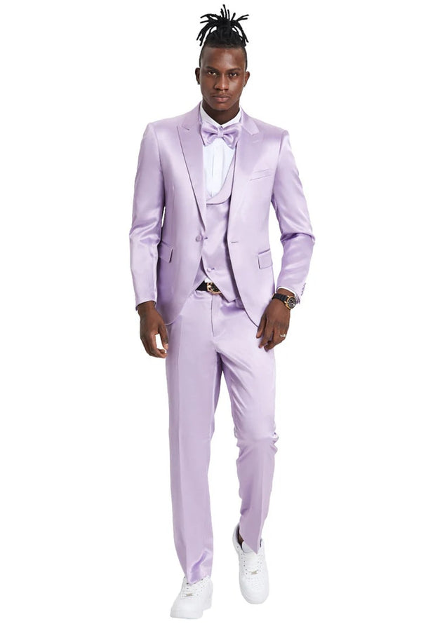 Lavender Suit - Trajes Elegantes Para Hombre - Trajes De Vestir - Mens One Button Vested Shiny Satin Sharkskin Prom and Wedding Lavender Party Suit