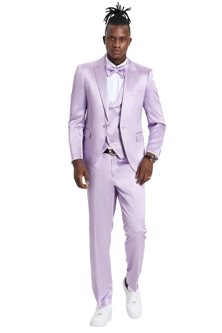 Trajes Elegantes Para Hombre - Trajes De Vestir - Mens One Button Vested Shiny Satin Sharkskin Prom and Wedding Lavender Party Suit