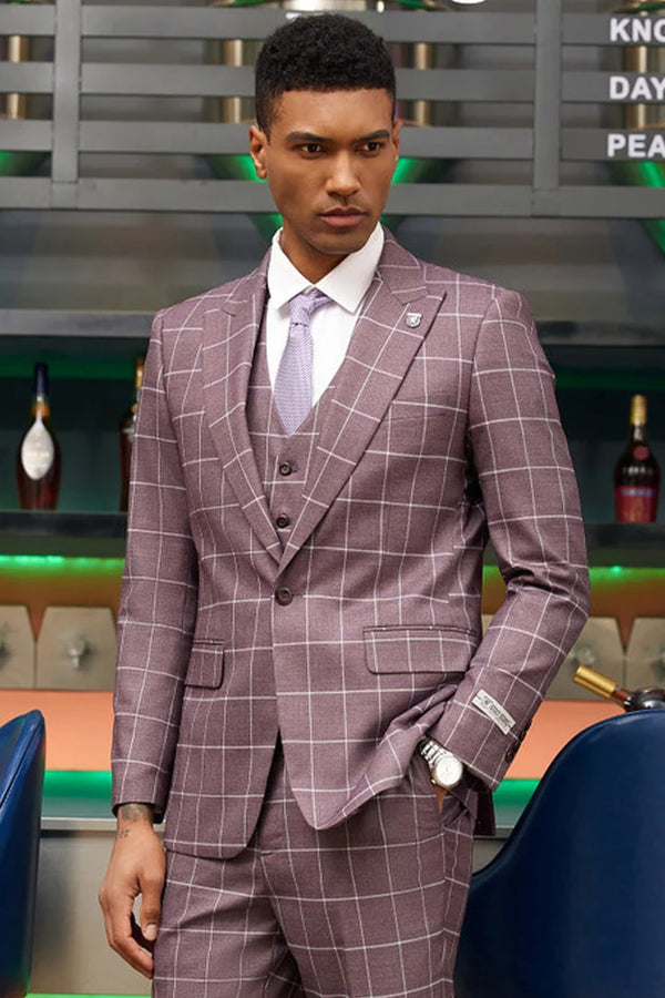 Stacy Adams Suit - Trajes Elegantes Para Hombre - Trajes De Vestir - Mens Stacy Adams One Button Windowpane Plaid Lavender Suit