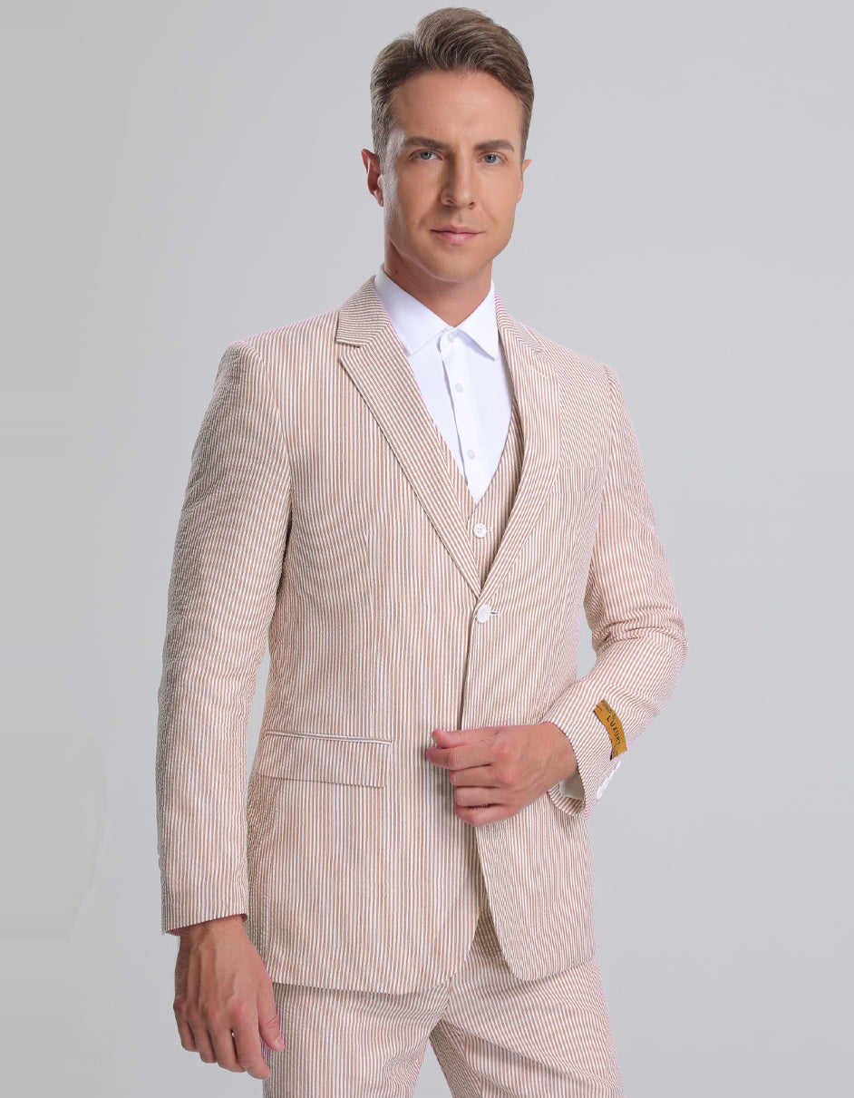 Trajes De Dombre Para Boda - Trajes De Novio - Traje Para Hombre -Tan  Pinstripe Suit