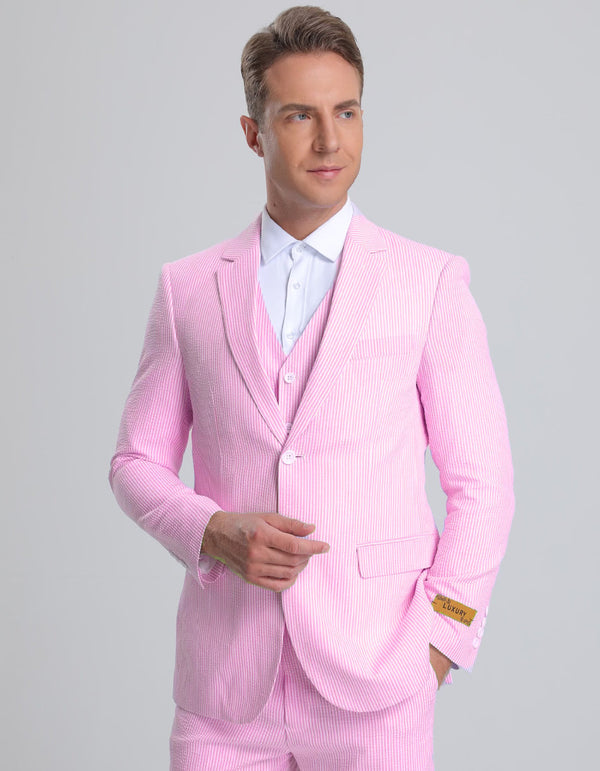 Mens Seersucker Suit - Mens Vested Summer Seersucker Suit in Pink Pinstripe