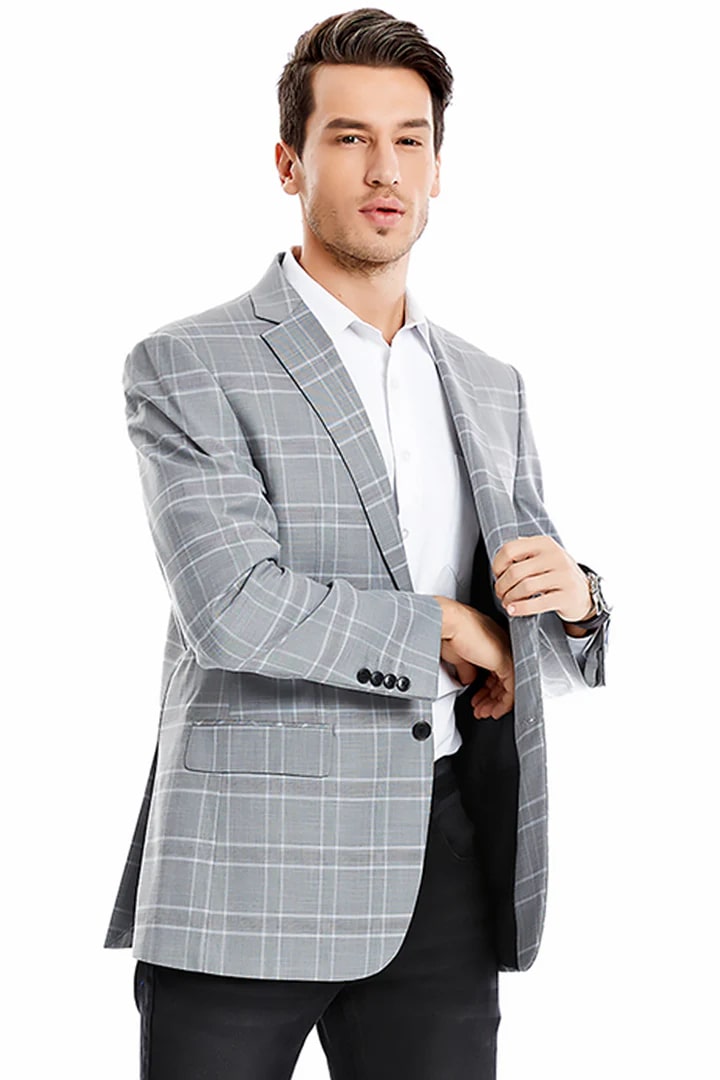 Sacos Vaqueros - Sacos Para Hombre - Men's Two Button Regular Fit Light Grey Double Windowpane Plaid Blazer