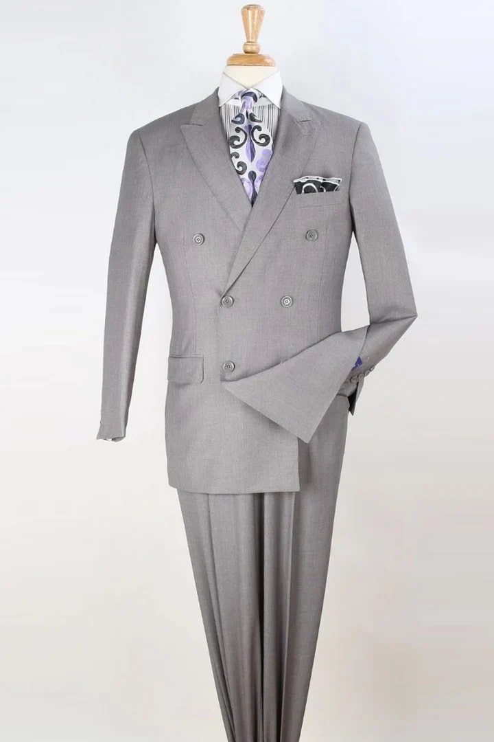 Trajes Elegantes Para Hombre - Trajes De Vestir - Mens Classic Double Breasted Luxury Light Grey Wool Feel Suit