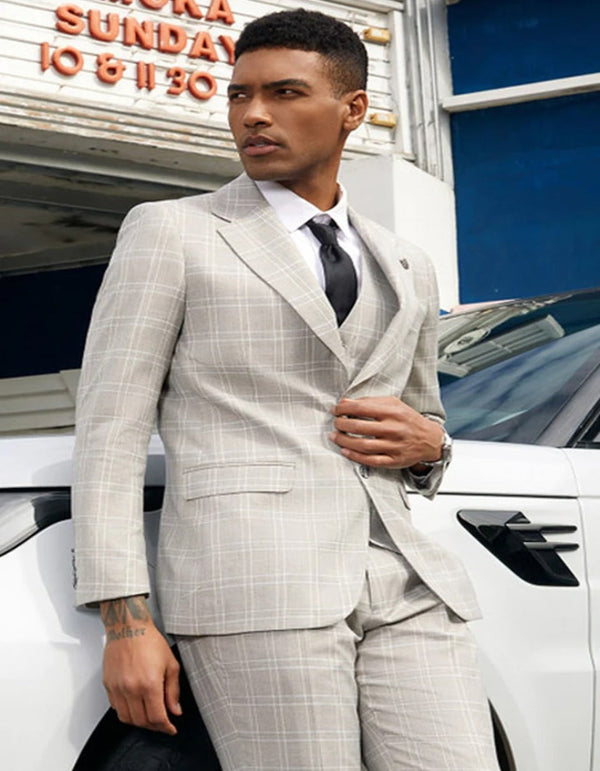 Stacy Adams Suits - Light Grey Suit - Silver Gray Suit For Wedding - Men's Stacy Adam's Two Button Vested Light Grey Business Suit