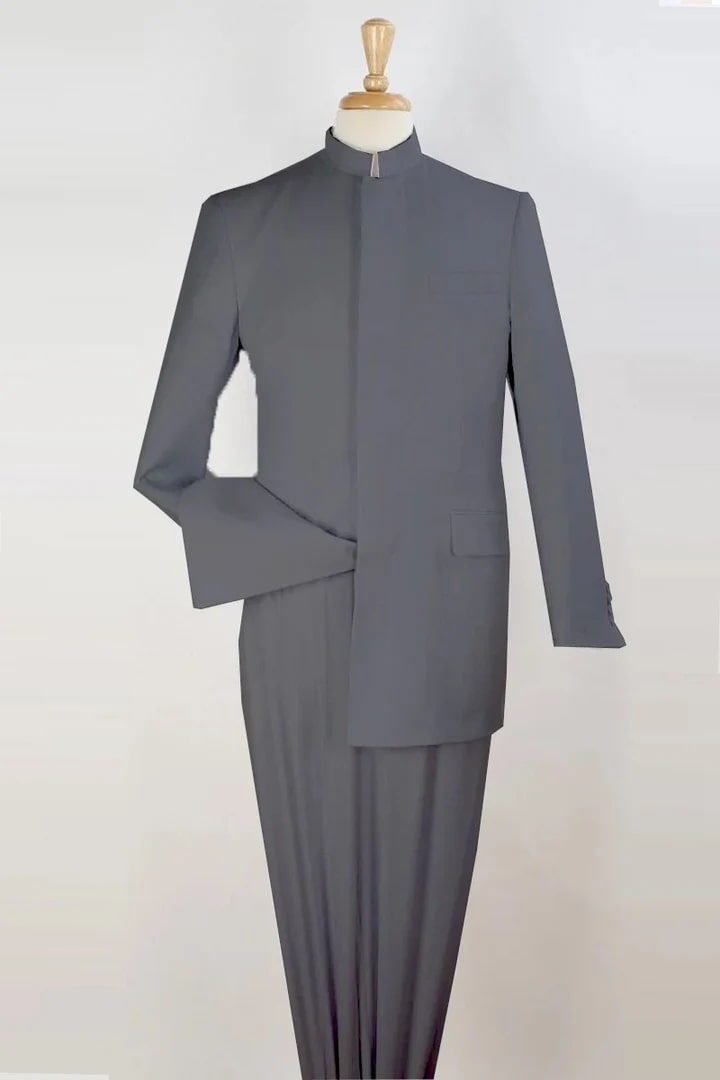 Trajes Elegantes Para Hombre - Trajes De Vestir - Mens Mandarin Banded Collar Light Grey French Front Suit