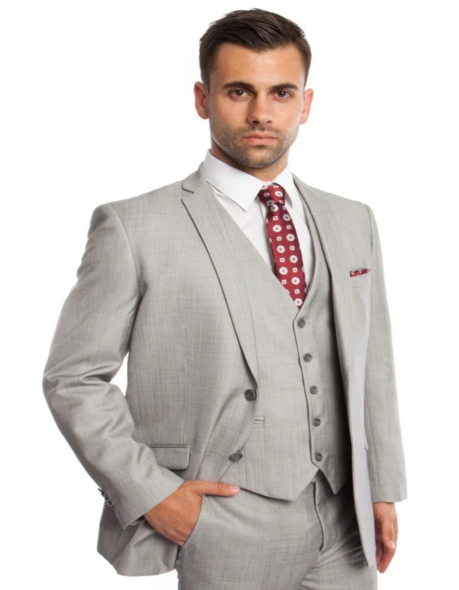 Traje gris claro - Traje gris plateado para boda - Traje de negocios de piel de tiburón gris claro con dos botones y chaleco para hombre
