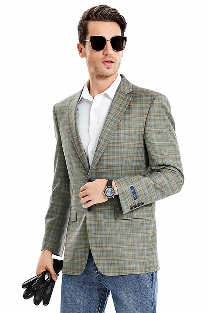 Saco vaquero - Western Sport Coat - Western Blazer - Men's Two Button Regular Fit Windowpane Plaid Sport Coat Blazer In Light Olive Green