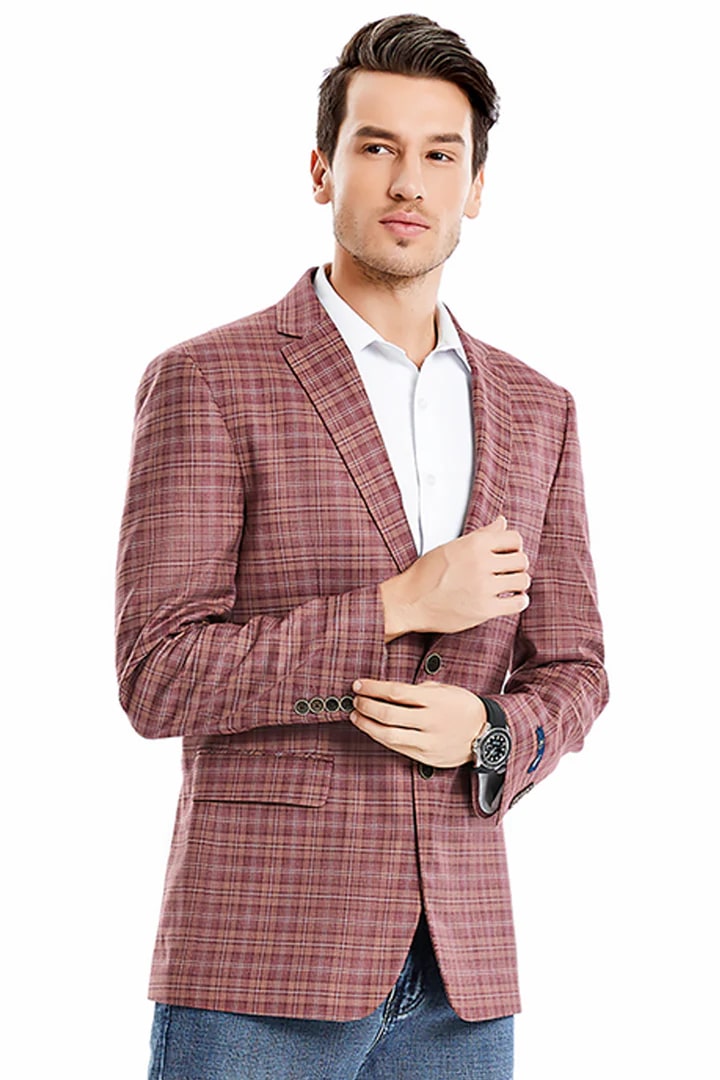 Sacos Vaqueros - Sacos Para Hombre  - Men's Two Button Regular Fit Windowpane Mauve Plaid Sport Coat Blazer