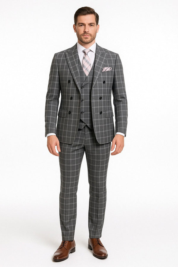 Retro Paris - Men’s Gray Checkered 3 Piece Double-Breasted Suit – Slim Fit Formal Outfit - Vested Glend Plaid Pattern Checkered