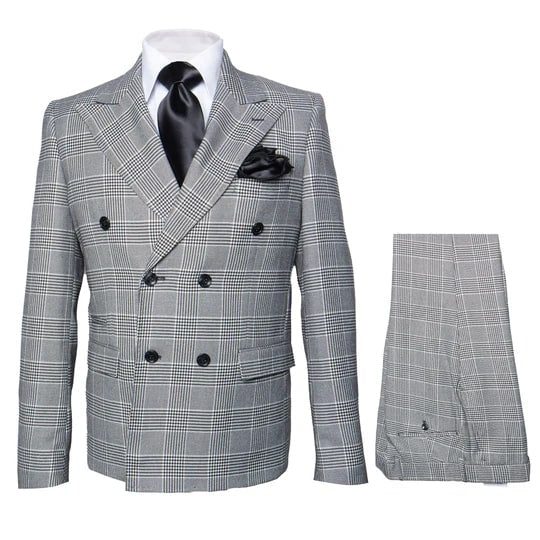 Rossiman Suit - Men's Grey Glen Plaid Double-Breasted Suit – Classic Prince of Wales Check Two-Piece Set By Rossiman