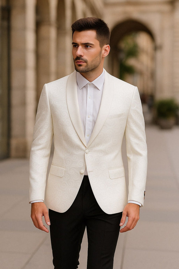 White Tuxedo Dinner Jacket - Men’s White Tuxedo Dinner Jacket  Swirl Pattern Tuxedo Jacket with White Satin Shawl Lapel - Paisley Pattern
