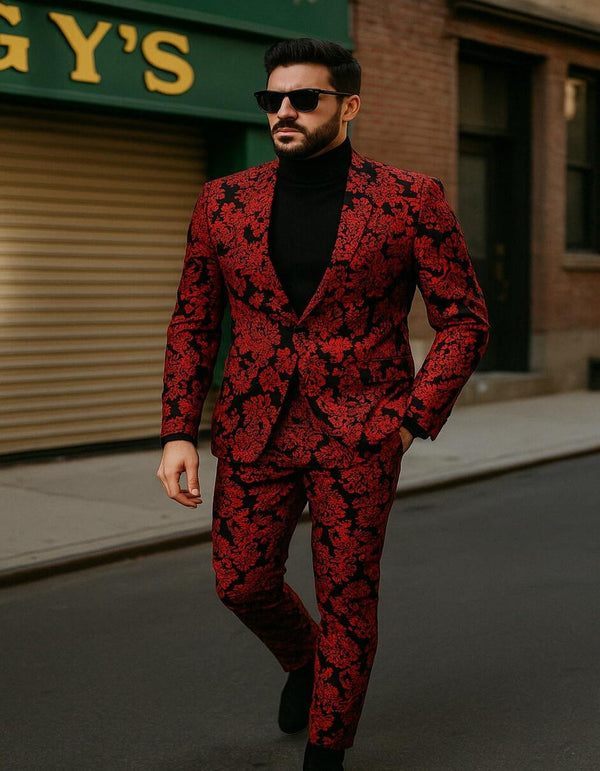 Red Suits - Men’s Red and Black Floral Tuxedo Suit – Slim Fit 2 Piece Embroidered Outfit for Weddings, Prom, and Formal Events
