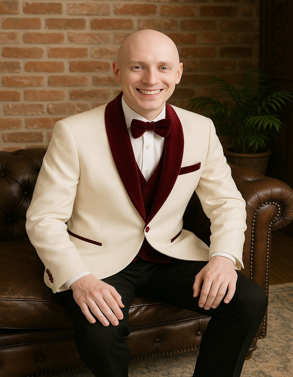 Ivory Tuxedo - Men’s White Floral Tuxedo Jacket with Burgundy Velvet Shawl Lapel – Wedding, Prom, and Formal Event Suit