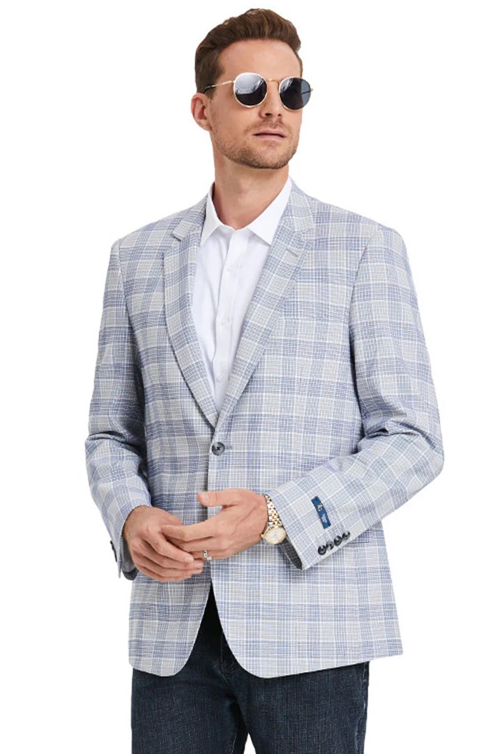 Sacos Vaqueros - Sacos Para Hombre  - Men's Two Button Business Casual Glen Plaid Sports Coat In Grey & Blue