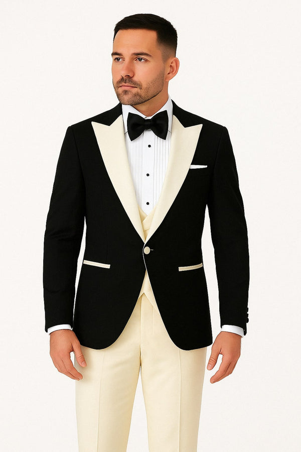 Traje de marfil - Mens Black and Ivory Tuxedo with Wide Shawl Lapel – 3 Piece Black and off White Lapel ! Vested Suit