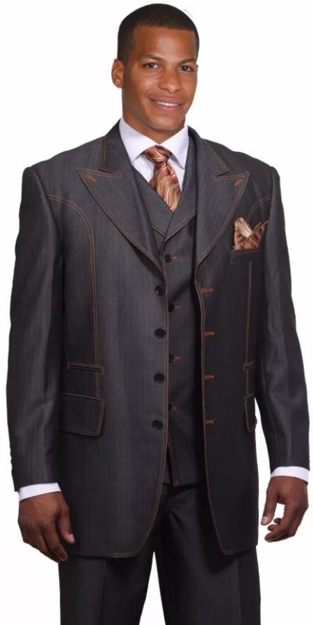 Denim Suit - Mens Double Breasted Red and White Pinstripe Peak Lapel Six Button Suit