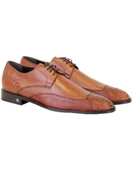 Zapatos Derby de piel de avestruz auténtica Vestigium para hombre, color coñac, con forro de piel completa