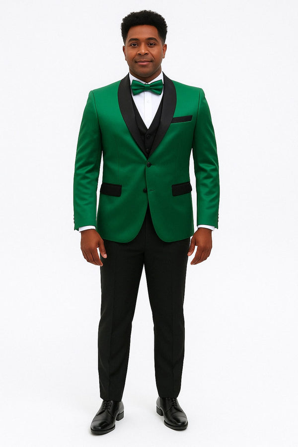 Emerald Green Suit - Mens Emerald Green Satin Tuxedo with Black Peak Lapel and Bow Tie – Formal Slim Fit Suit