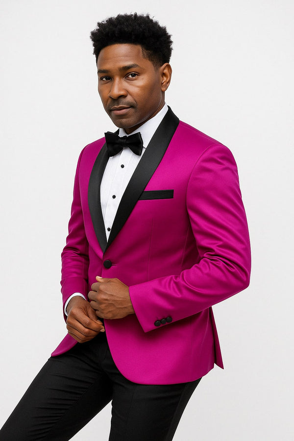 Pink Tuxedo - Mens Fuchsia Pink Satin Tuxedo Jacket with Black Peak Lapel – Bold Slim Fit Formal Suit