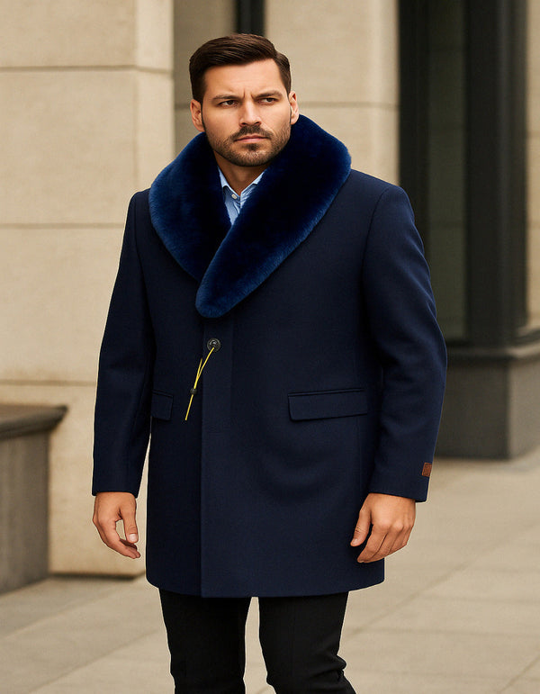 Navy Blue Overcoat - Mens Navy Wool Overcoat with Royal Blue Faux Fur Shawl Collar Cashmere Carcoat