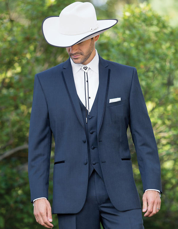 Navy Tuxedo - 2 Button Vested Satin Trim Lapel Cowboy Tuxedo in Navy