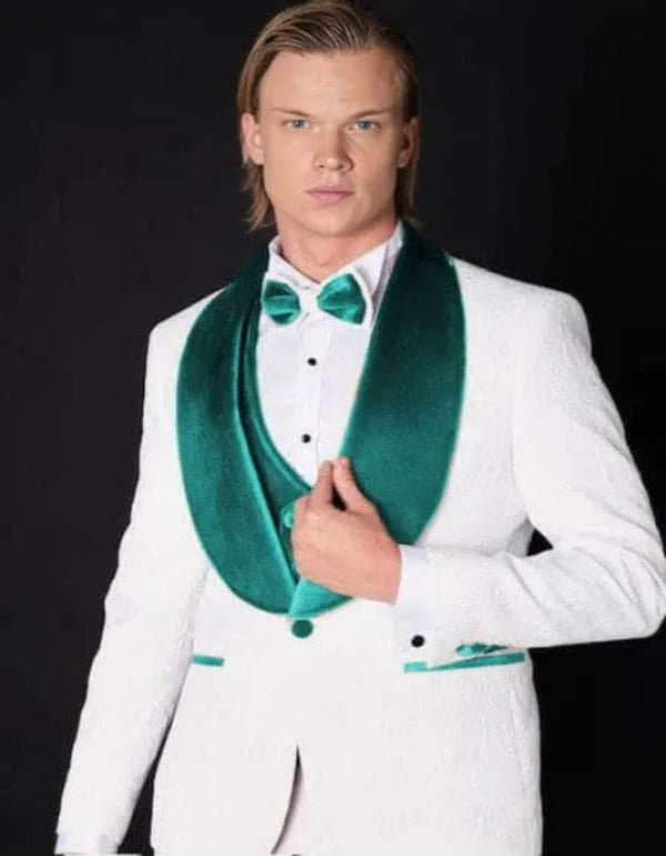 Teal Blue Suit - White and Teal Blue Lapel Tuxedo With Vest and Pants - Wedding Groom Suit