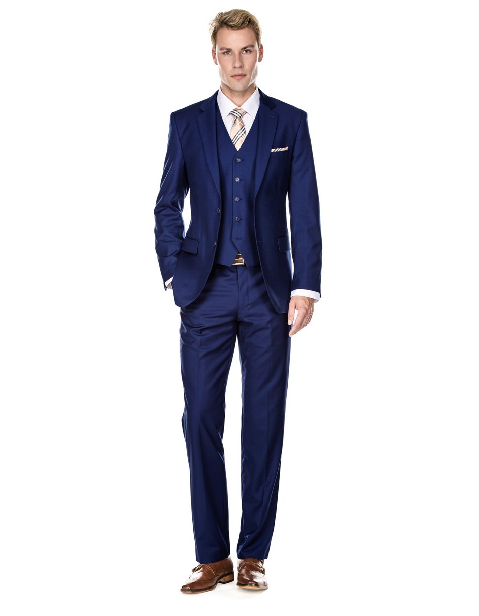 Traje elegante de corte moderno con chaleco para hombre azul marino