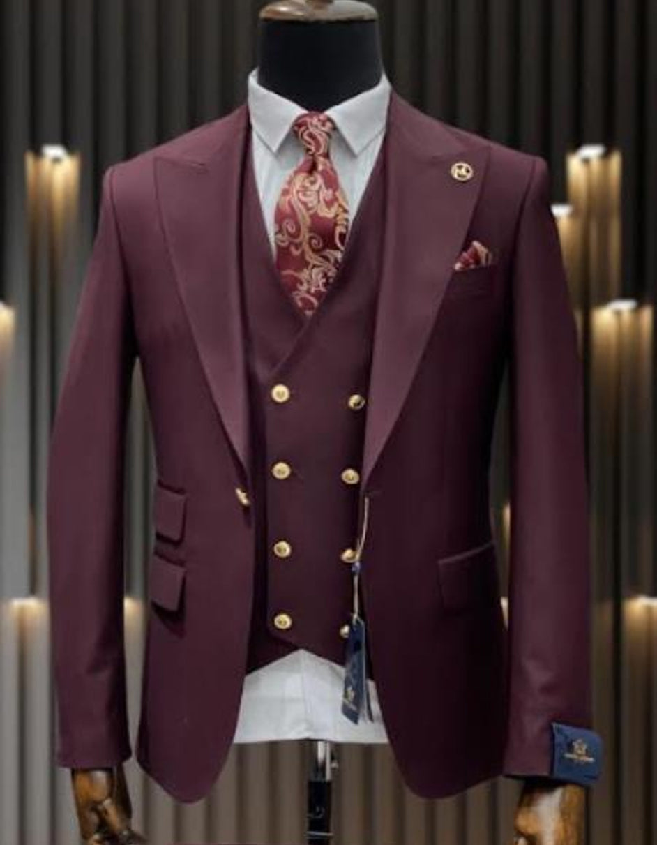 Trajes De Dombre Para Boda - Trajes De Novio - Traje Para Hombre - Burgundy wide Pinstripe Suit