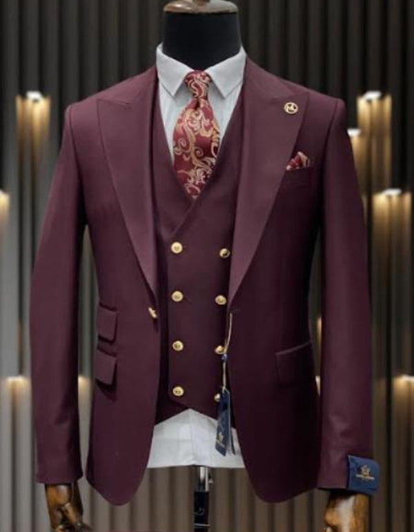 Peak Lapel Suit - Mens One Button Peak Lapel Vested Wool Suit with Gold buttons in Burgundy