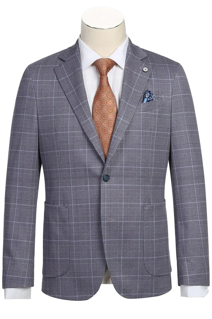 Sacos Vaqueros - Sacos Para Hombre  - Mens Half Canvas Unconstructed Sport Coat Blazer In Grey Blue Windowpane Plaid