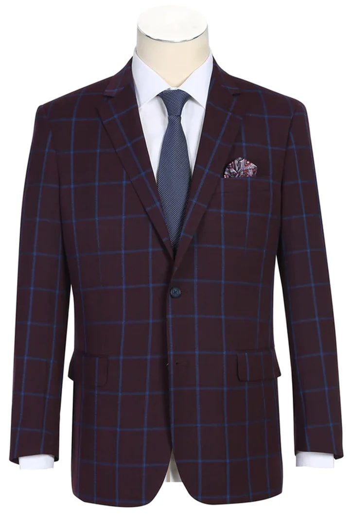Sacos Vaqueros - Sacos Para Hombre  - Mens Two Button Slim Fit Sport Coat Blazer In Burgundy & Blue Windowpane Plaid