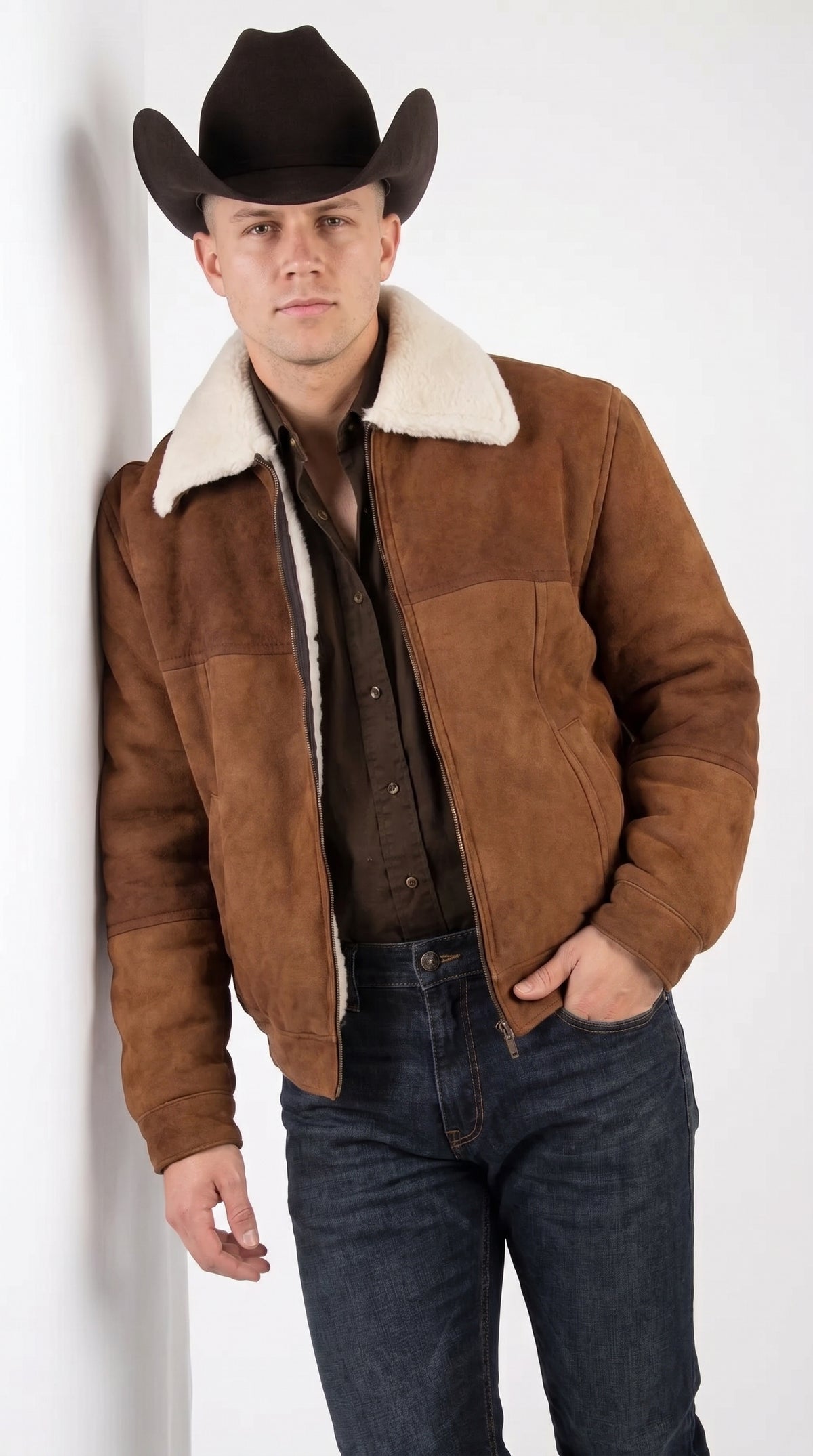 Men’s Short Brown Shearling Western Jacket, Chamarra Vaquera Corta de Borrego Cowboy Coat