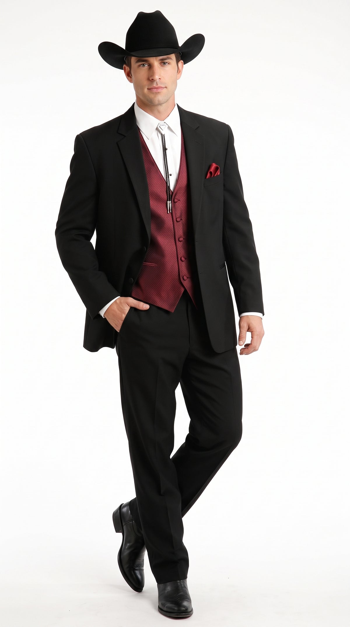 Men’s Black 2 Button Western Cowboy Tuxedo, Formal Country Wedding Suit with Burgundy Vest