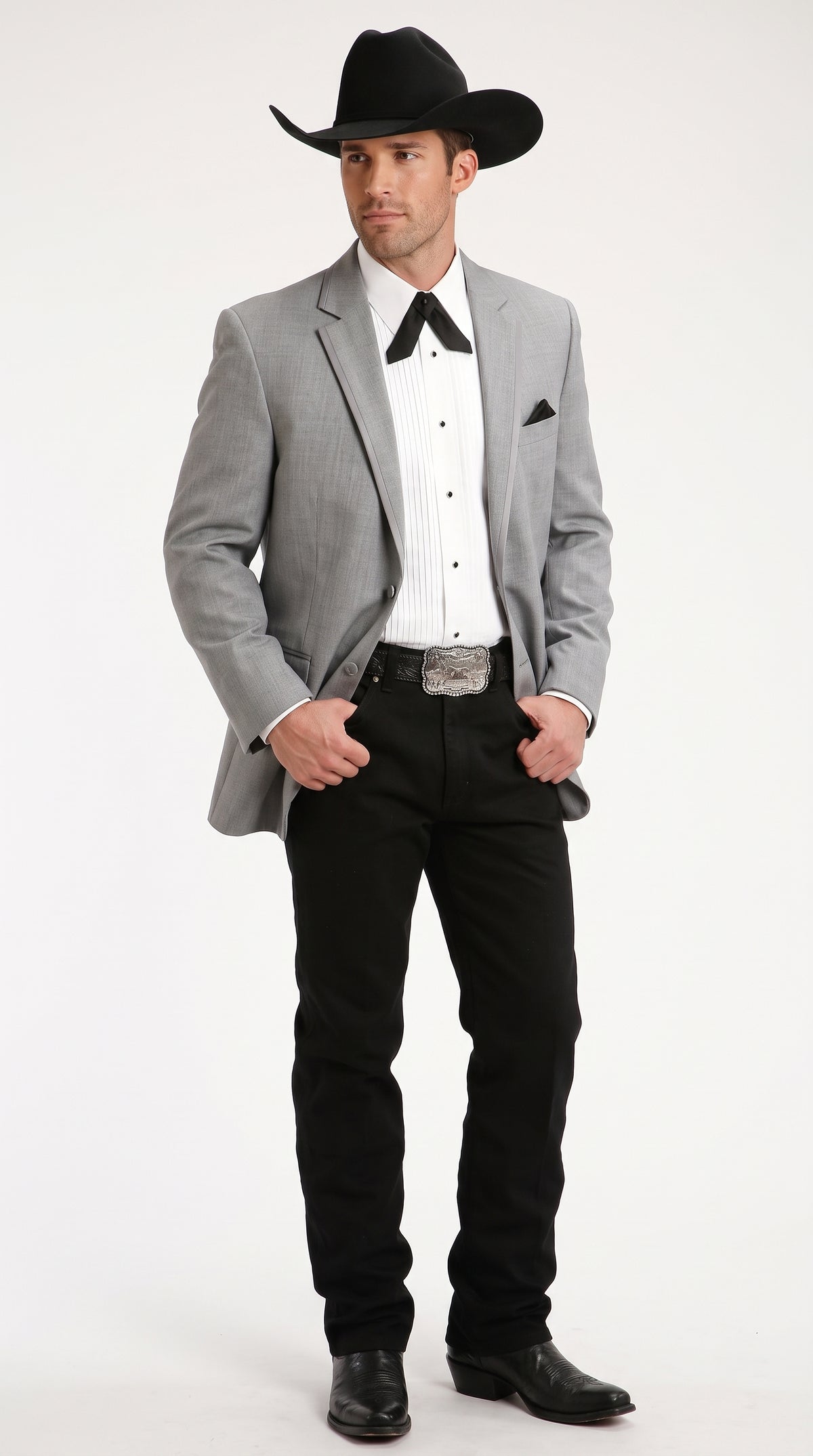 Men’s Grey Western Wedding Tuxedo, Cowboy Formal Jacket with Black Pants