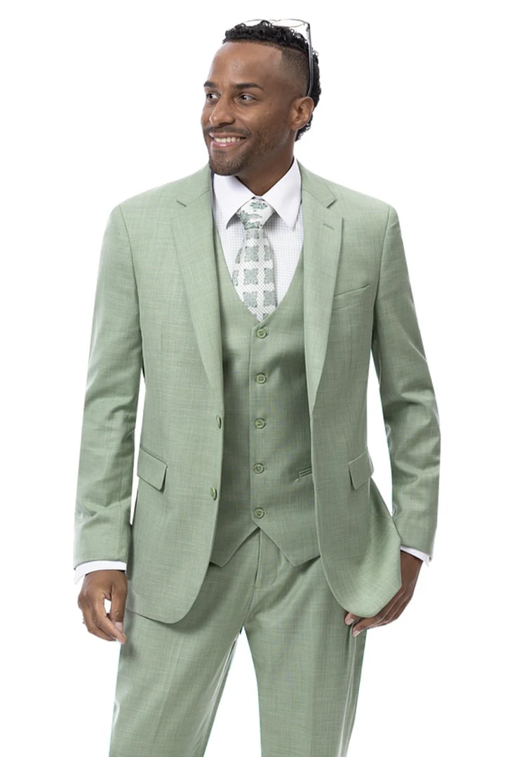 Trajes Elegantes Para Hombre - Trajes De Vestir - Mens Modern Fit Two Button Vested Sharkskin Moss Green Business Suit