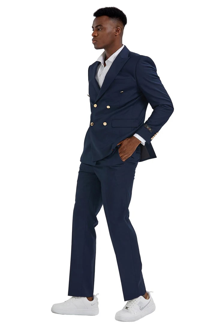 Trajes Elegantes Para Hombre - Trajes De Vestir - Traje de boda azul marino con doble botonadura y corte entallado para hombre