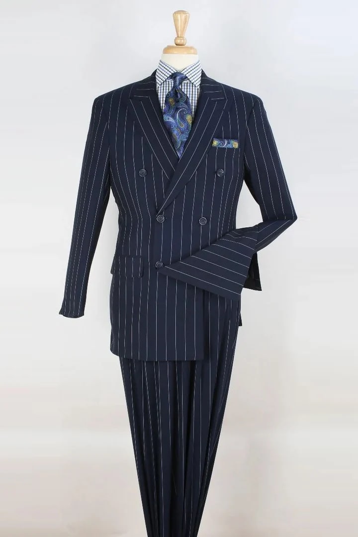 Trajes Elegantes Para Hombre - Trajes De Vestir - Mens Double Breasted 1920's Wide Gangster Navy Pinstripe Suit